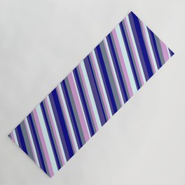 [ Thumbnail: Slate Gray, Plum, Light Cyan, Dark Slate Blue, and Dark Blue Colored Lined/Striped Pattern Yoga Mat ]