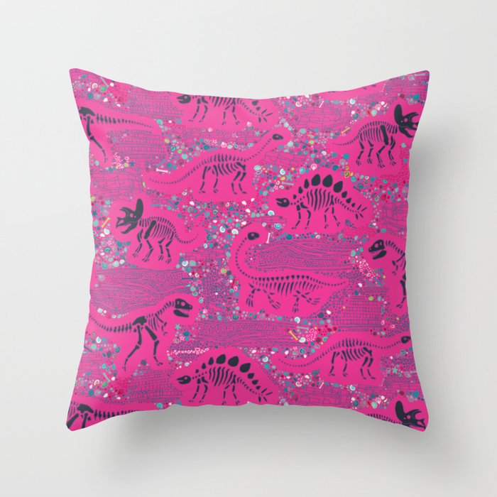 dinosaurs fossils - charcoal on shocking pink Throw Pillow