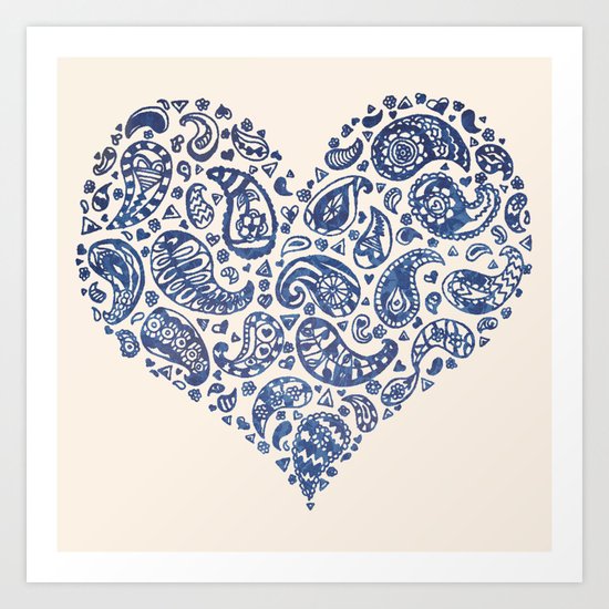 Blue Brocade Paisley Heart Art Print