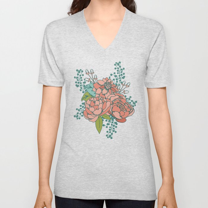 Moody Florals in Teal V Neck T Shirt