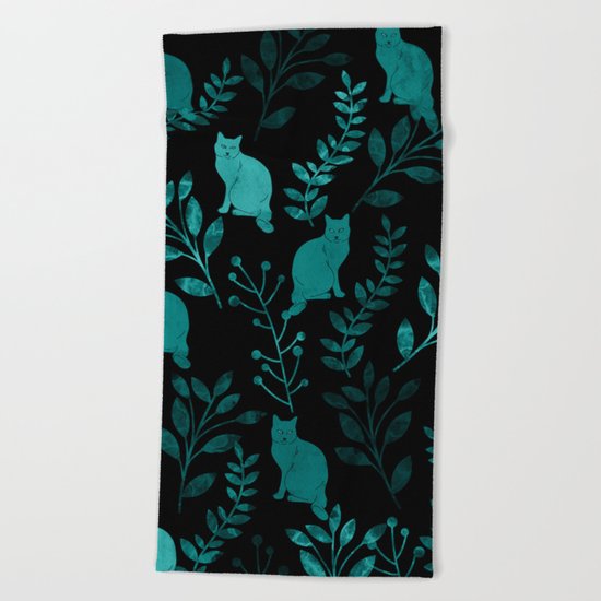 Watercolor Floral and Cat IV Beach Towel