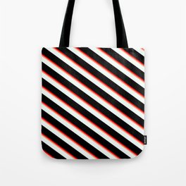 [ Thumbnail: Red, Light Salmon, Mint Cream, and Black Colored Pattern of Stripes Tote Bag ]