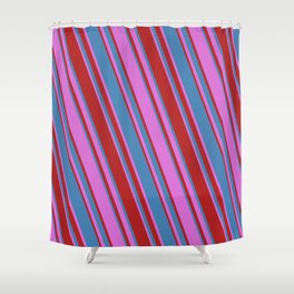 [ Thumbnail: Orchid, Red & Blue Colored Lined/Striped Pattern Shower Curtain ]