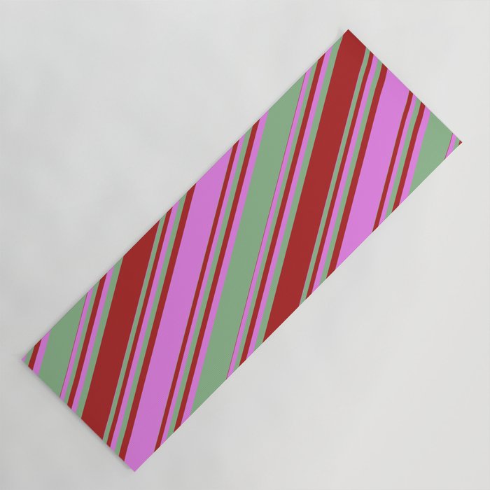 Dark Sea Green, Red, and Violet Colored Stripes Pattern Yoga Mat
