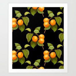 Peach pattern with leaves on a black background Art Print