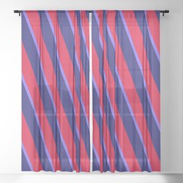[ Thumbnail: Crimson, Medium Slate Blue & Midnight Blue Colored Lines/Stripes Pattern Sheer Curtain ]