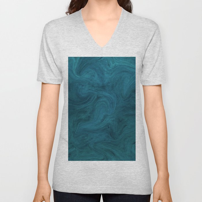 Modern Ocean Blue Green Aesthetic Minimalist Liquid Swirl  V Neck T Shirt