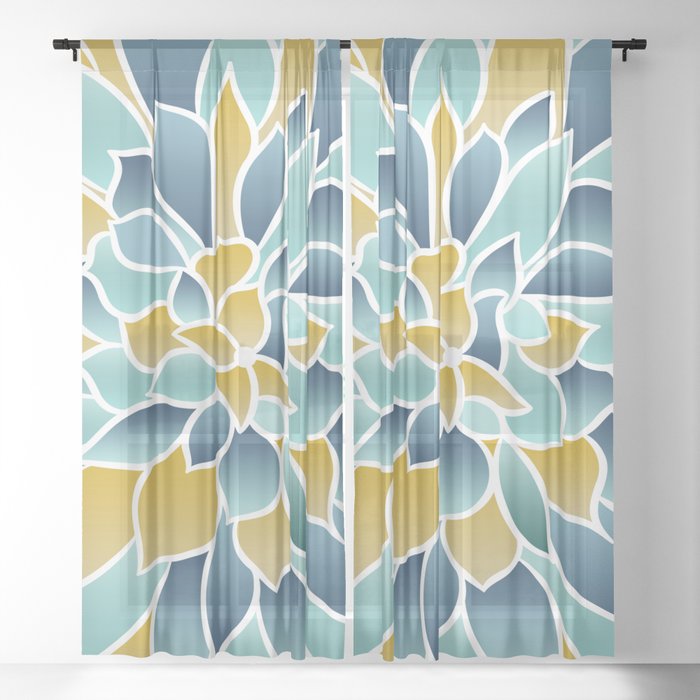 Modern, Floral Prints, Yellow, Blue and Teal Sheer Curtain