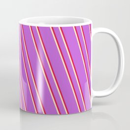 [ Thumbnail: Orchid, Crimson, and Beige Colored Lined/Striped Pattern Coffee Mug ]
