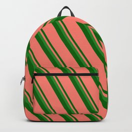 [ Thumbnail: Forest Green, Dark Green & Salmon Colored Stripes Pattern Backpack ]