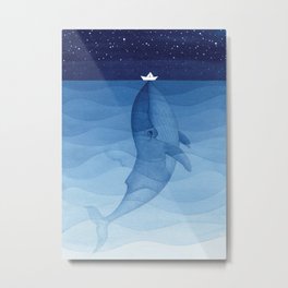 Whale blue ocean Metal Print | Kids, Whale, Waves, Boat, Painting, Ocean, Animal, Paperboat, Nature, Navy 