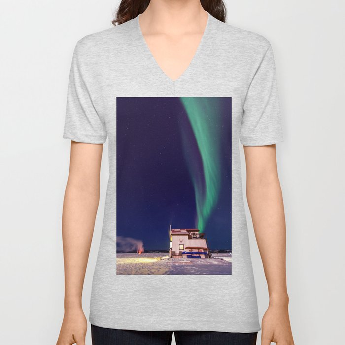 Northern Lights and house boat in Yellowknife V Neck T Shirt