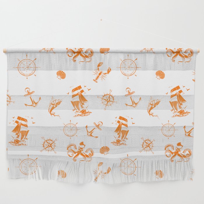 Orange Silhouettes Of Vintage Nautical Pattern Wall Hanging