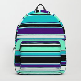 [ Thumbnail: Mint Cream, Dark Turquoise, Indigo, Aquamarine, and Black Colored Striped/Lined Pattern Backpack ]
