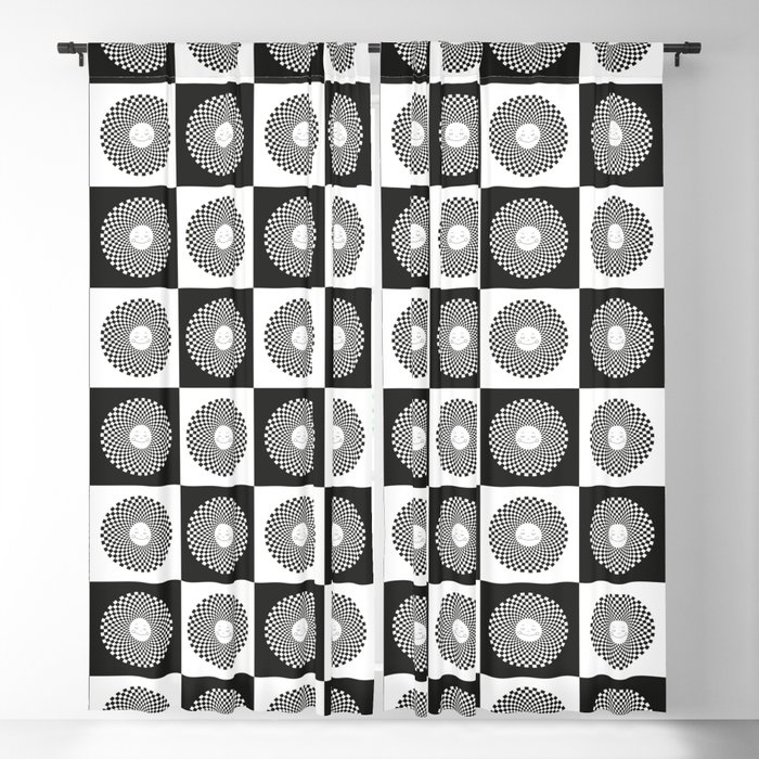 Checkered Black and White Smiley Sun Pattern Blackout Curtain