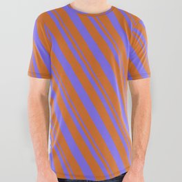 [ Thumbnail: Medium Slate Blue and Chocolate Colored Pattern of Stripes All Over Graphic Tee ]