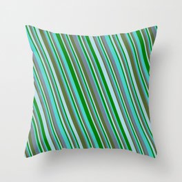 [ Thumbnail: Turquoise, Slate Gray, Dark Olive Green, Light Blue, and Green Colored Striped/Lined Pattern Throw Pillow ]