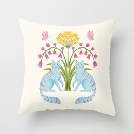 Fantastic Blue Cats & Flowers Throw Pillow
