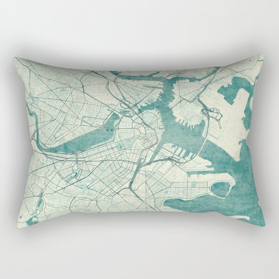 Boston Map Blue Vintage Rectangular Pillow