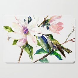 Hummingbird and Magnolia Flowers, Green Soft Pink floral design vintage style Cutting Board