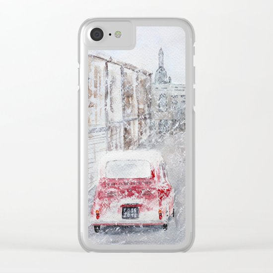 Snowfall and little red car Clear iPhone Case
