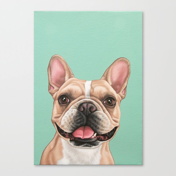 Cute and Happy French Bulldog Portrait, Frenchie Painting, Smiling Frenchie Art Canvas Print