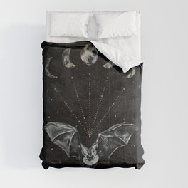 Bat and Moon Phases, Black Gold, Celestial Stars Witchy Comforter