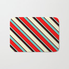 [ Thumbnail: Red, Turquoise, Light Yellow & Black Colored Lined/Striped Pattern Bath Mat ]