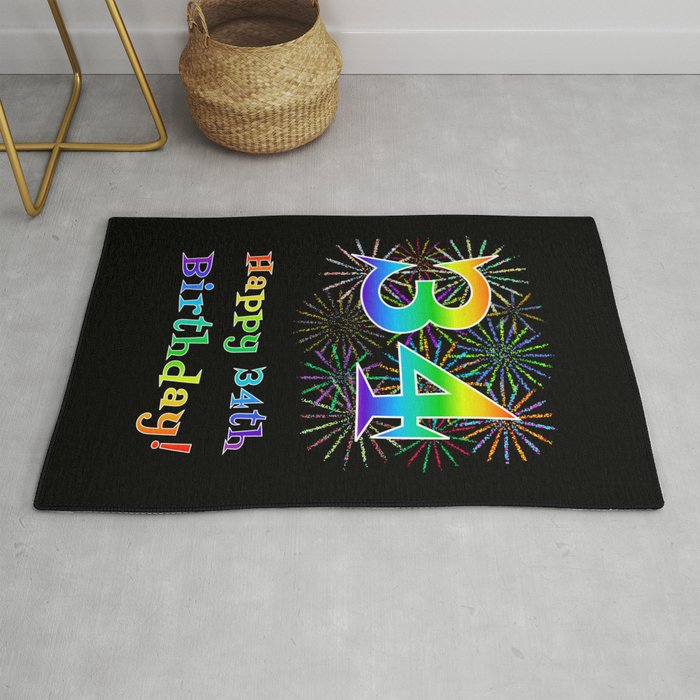 34th Birthday - Fun Rainbow Spectrum Gradient Pattern Text, Bursting Fireworks Inspired Background Rug