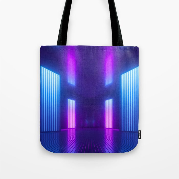 3d, blue pink violet neon abstract background, ultraviolet light, night club empty room interior, tunnel or corridor, glowing panels, fashion podium, performance stage decorations,  Tote Bag