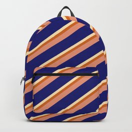 [ Thumbnail: Beige, Chocolate, Dark Salmon, and Midnight Blue Colored Pattern of Stripes Backpack ]