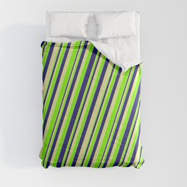 [ Thumbnail: Pale Goldenrod, Chartreuse & Midnight Blue Colored Lines Pattern Comforter ]