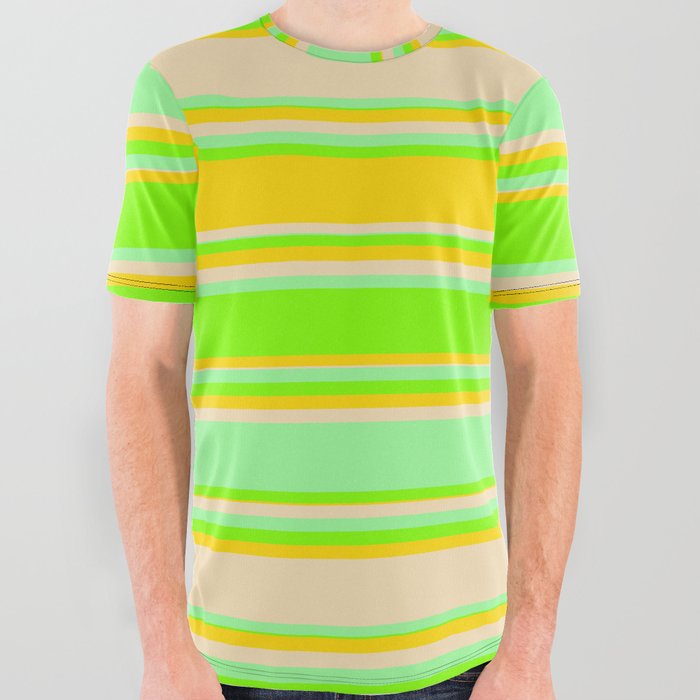Green, Chartreuse, Yellow & Tan Colored Stripes/Lines Pattern All Over Graphic Tee