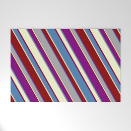 [ Thumbnail: Colorful Purple, Blue, Dark Grey, Light Yellow, and Dark Red Colored Striped/Lined Pattern Welcome Mat ]
