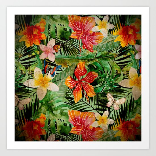 Tropical Vintage Exotic Jungle Flower Flowers - Floral watercolor pattern Art Print