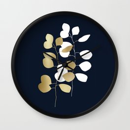 Leaf Duo, Gold and White on Navy Blue Wall Clock