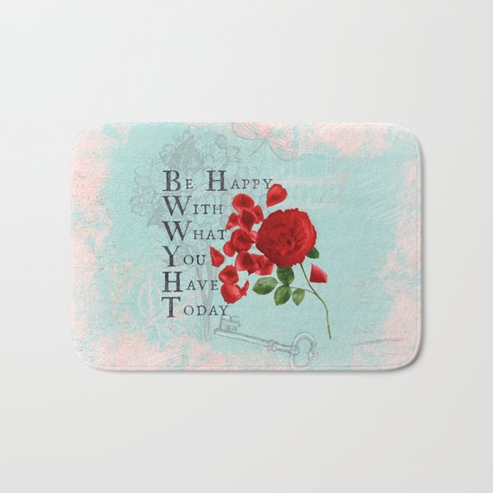 Be happy - Quote with Rose Flower- Floral Collage and Wisdom on turquoise background Bath Mat