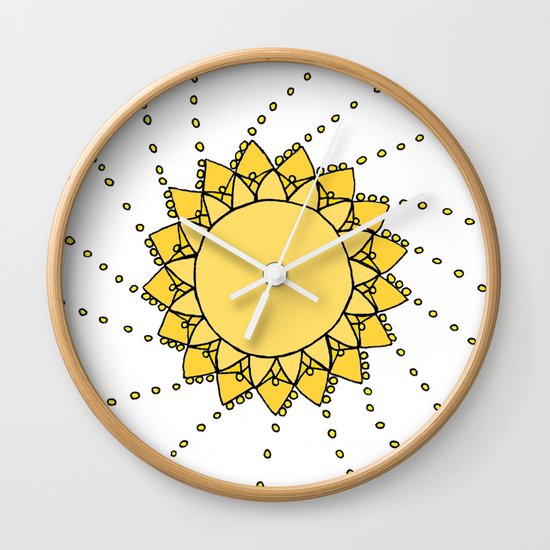 Celestial Swirling Sun Boho Mandala Hand-drawn Illustration on White Wall Clock