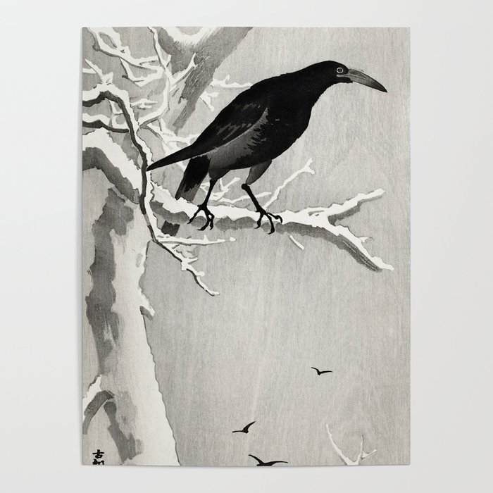 Koson Ohara - Crow on a snowy Branch - Japanese Vintage Ukiyo-e Woodblock Painting Poster