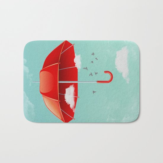 Teal Sky Red Umbrella Bath Mat