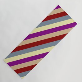 [ Thumbnail: Vibrant Pale Goldenrod, Purple, Tan, Dark Red & Light Slate Gray Colored Striped Pattern Yoga Mat ]