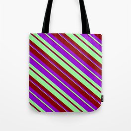 [ Thumbnail: Green, Dark Red & Dark Violet Colored Lined/Striped Pattern Tote Bag ]
