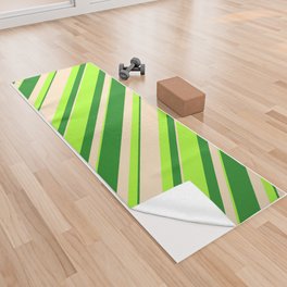 [ Thumbnail: Forest Green, Light Green, and Bisque Colored Striped/Lined Pattern Yoga Towel ]