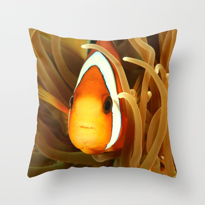 Close-up Orange Tropical Clownfish Face in Coral Of Reef - Marine Life / Animal / Wildlife / Nature Photograph Throw Pillow And More