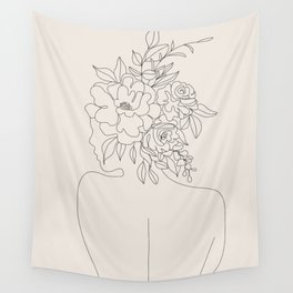 Woman with Flowers Minimal Line I Wall Tapestry