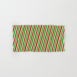 [ Thumbnail: Christmas Themed Green, White, and Red Colored Striped Pattern Hand & Bath Towel ]