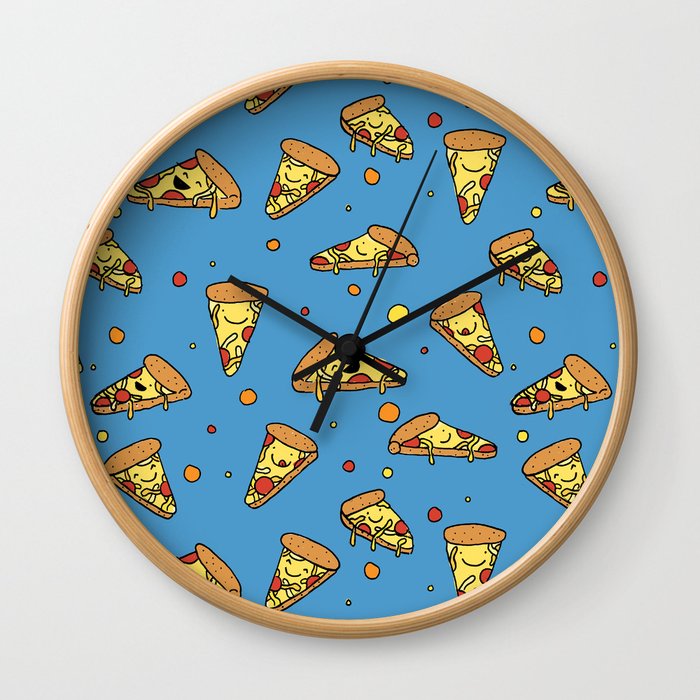 Cute Happy Smiling Pizza Pattern on blue background Wall Clock