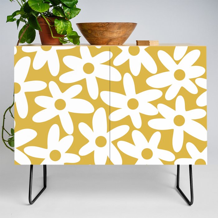 Daisy Time Retro Floral Pattern in Mustard and White Credenza