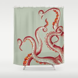 Coral Red Tentacles On Green-ish Beige Ink Shower Curtain