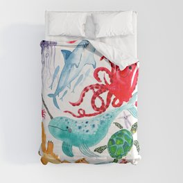 Ocean Creatures - Sea Animals Characters - Watercolor Comforter